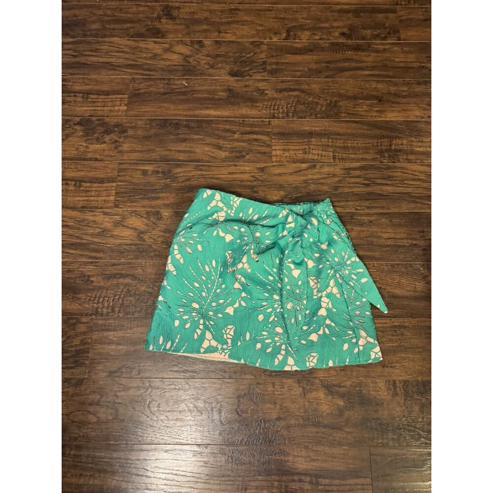 Judith March Green Pink Wrap Tie Mini Skirt Large Cut work Tropical lined Sz:s